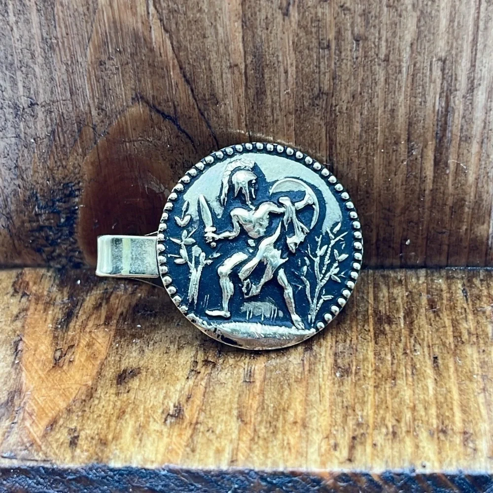 Goldtone vintage warrior knight sword shield protector statement tie button clip